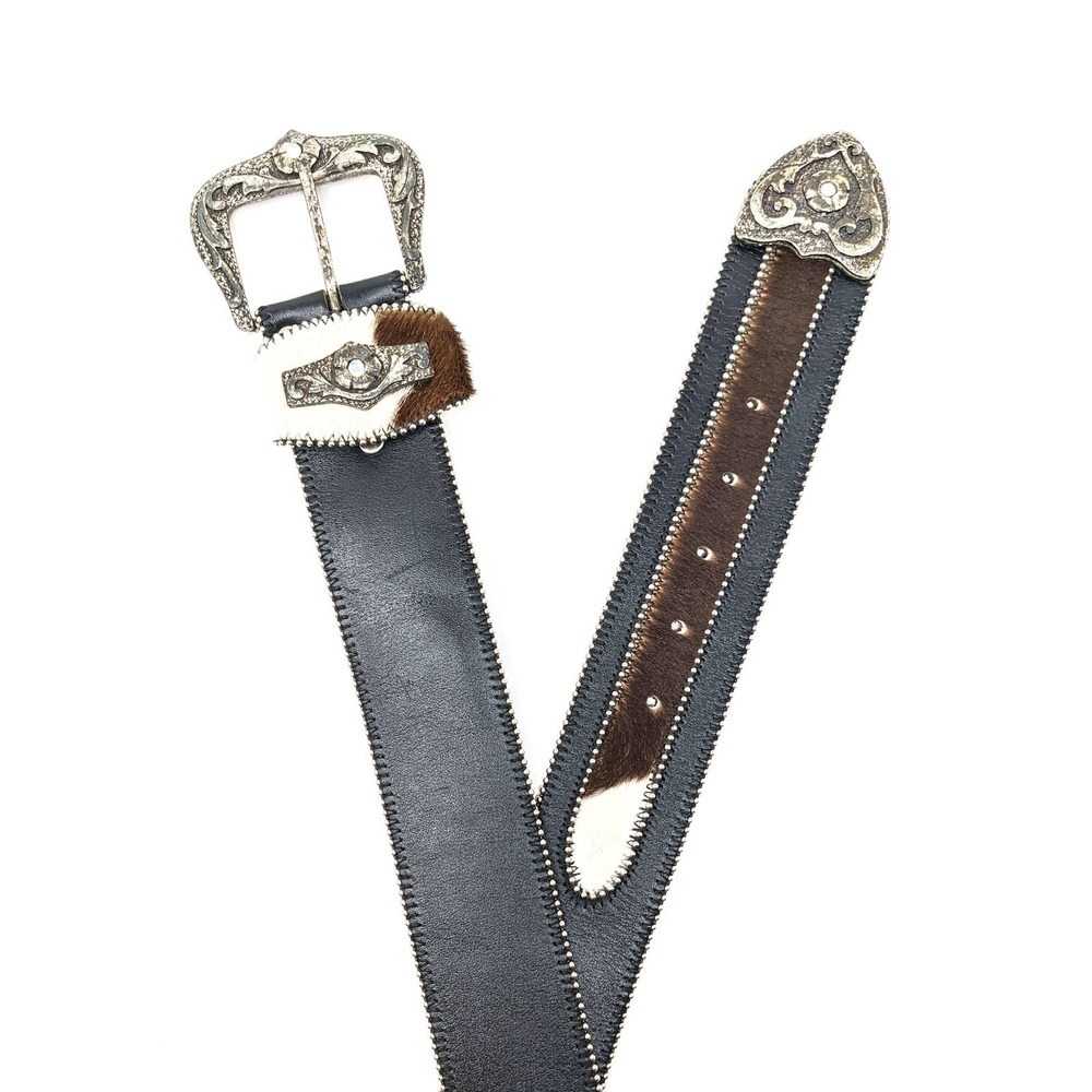 Leather Fur Rhinestone Western Belt Womens Medium Boho Black Brown White - Picture 2 of 7
